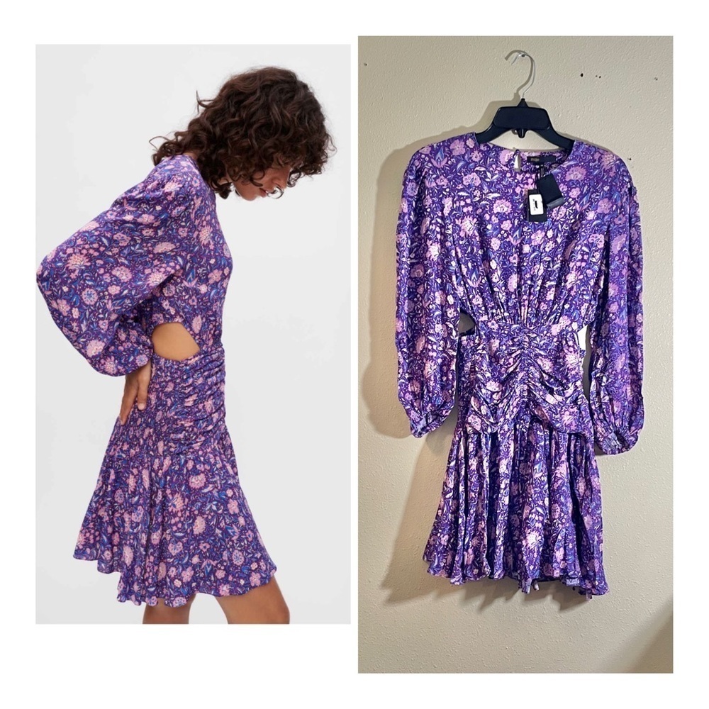 Maje Purple Floral Cutout Long-Sleeve Mini Dress